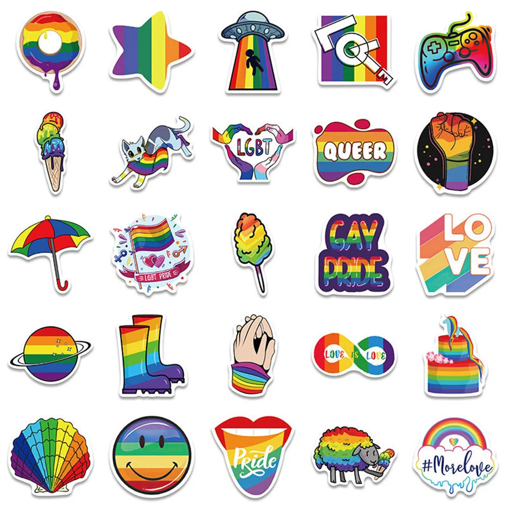 50 farbenfrohe Pride-Aufkleber mit Regenbogenmotiven zur Unterstuetzung und Feier der LGBTQI+ Community, ideal für Notizbuecher, Laptops, und als Zeichen fuer Vielfalt und Akzeptanz.