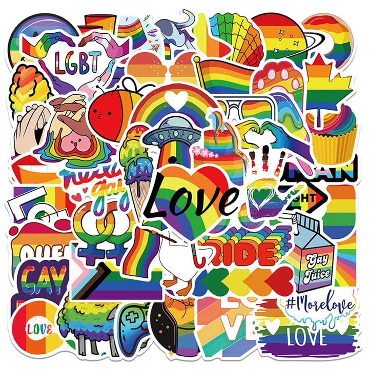 50 farbenfrohe Pride-Aufkleber mit Regenbogenmotiven zur Unterstuetzung und Feier der LGBTQI+ Community, ideal für Notizbuecher, Laptops, und als Zeichen fuer Vielfalt und Akzeptanz.