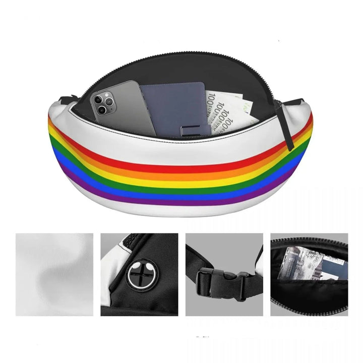 Diese Bauchtasche Funktionalitaet vereint mit einem Statement: Das Design in den Farben der Regenbogenflagge steht fuer Vielfalt, Stolz und Solidaritaet, ideal für LGBTQ+-Events wie die Zuerich Pride. Mit einem verstellbaren schwarzen Gurt passt sie bequem um die Huefte oder ueber die Schulter. Die Tasche bietet ausreichend Platz fuer persoenliche Gegenstaende, verfuegt ueber einen sicheren Reißverschluss und ist aus robustem Material gefertigt, das sich für Alltag und Veranstaltungen gleichermaßen eignet. 