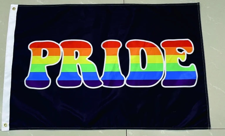 Das Bild zeigt eine Flagge mit einem schwarzen Hintergrund und dem Wort „PRIDE“ in großen, bunten Buchstaben in der Mitte. Die Buchstaben sind in den Regenbogenfarben gestaltet, die von Rot über Gelb und Gruen bis zu Blau und Violett verlaufen. Diese Farben symbolisieren die LGBTQ+ Community und deren Vielfalt. Die Flagge ist ein Ausdruck von Stolz, Unterstuetzung und Solidaritset für die LGBTQ+ Bewegung.