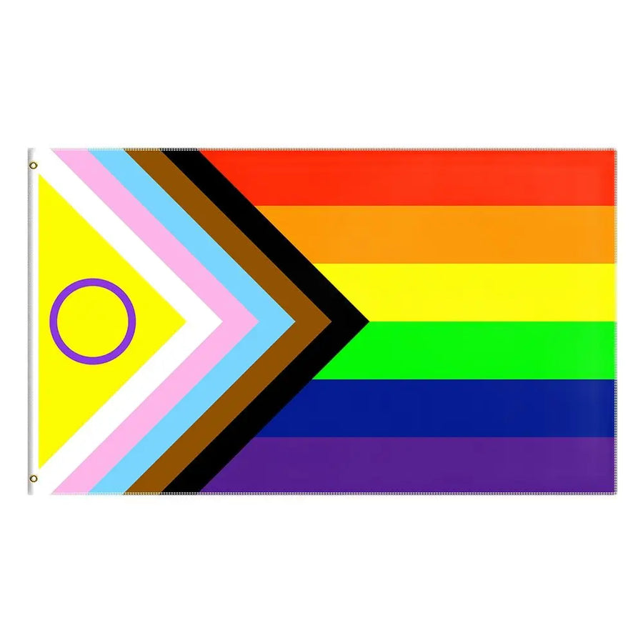 Diese „Progress Pride Flagge“ erweitert die klassische Regenbogenflagge um ein Chevron-Muster in Weiß, Rosa, Hellblau, Braun, Schwarz und einem gelben Dreieck mit lila Kreis für die Intersex-Community.