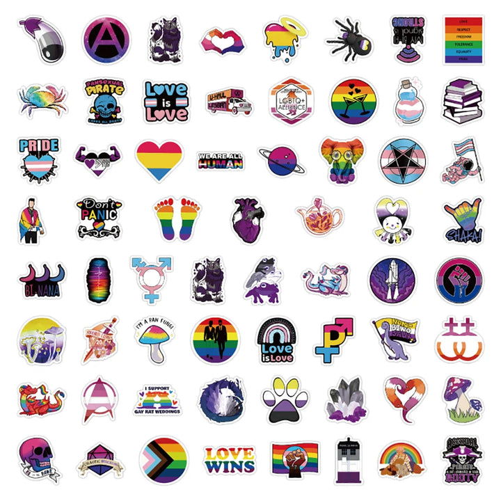 Ein Set aus 50 einzelnen Aufklebern in lebendigen Regenbogenfarben mit verschiedenen Symbolen. Jeder Aufkleber ist einzigartig und zeigt ein Symbol der LGBTQI+ Gemeinschaft, zum Beispiel die Pride-Flagge, Transgender-Flagge, Intersex-Flagge und weitere Symbole für verschiedene Identitaeten. Die Aufkleber sind farbenfroh, vielfaeltig und ideal zum Verzieren von Gegenstaenden, Laptops, Briefen oder um Stolz zu zeigen.