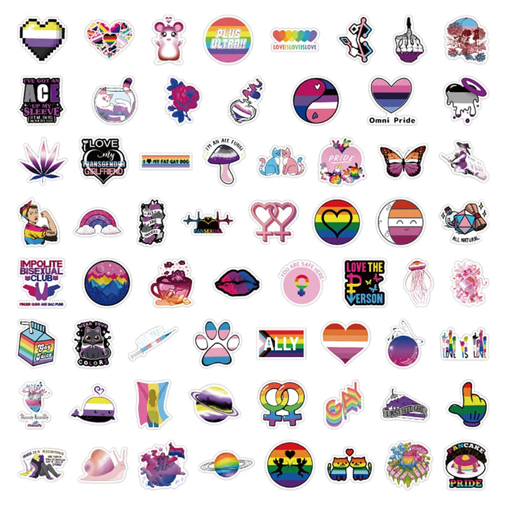 Ein Set aus 50 einzelnen Aufklebern in lebendigen Regenbogenfarben mit verschiedenen Symbolen. Jeder Aufkleber ist einzigartig und zeigt ein Symbol der LGBTQI+ Gemeinschaft, zum Beispiel die Pride-Flagge, Transgender-Flagge, Intersex-Flagge und weitere Symbole für verschiedene Identitaeten. Die Aufkleber sind farbenfroh, vielfaeltig und ideal zum Verzieren von Gegenstaenden, Laptops, Briefen oder um Stolz zu zeigen.