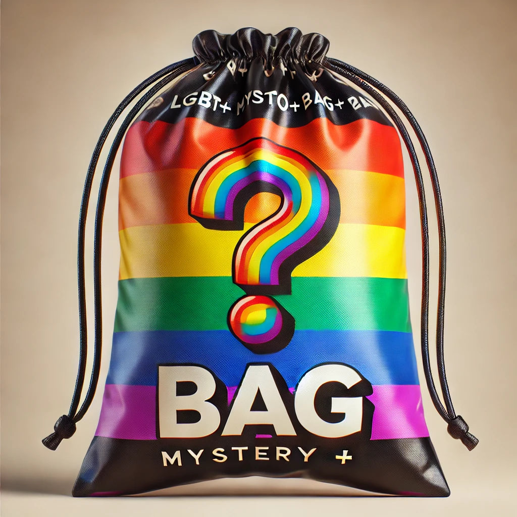 Mystery Bag mit glänzendem Regenbogen-Design, großem Fragezeichen und der Aufschrift ‚LGBT Mystery Bag‘, symbolisch für Überraschungen und LGBTQ+ Stolz