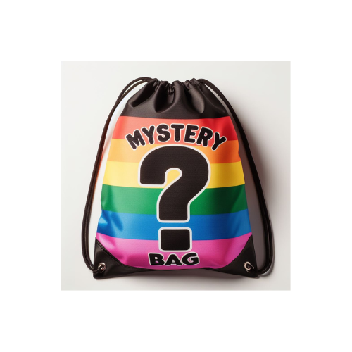 Mystery Bag mit Regenbogen-Design und großem Fragezeichen, symbolisch für Überraschungsinhalt, LGBTQ+ Stolz und Vielfalt.