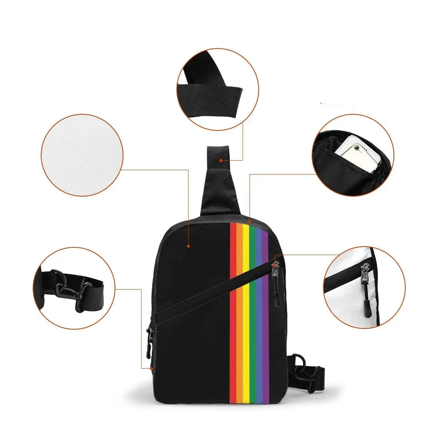 Moderner Crossbody-Rucksack in Schwarz mit stilvollem Regenbogenstreifen-Design. Ausgestattet mit mehreren Reißverschlusstaschen und einem verstellbaren Gurt für Komfort und Funktionalität. Perfekt für Alltag, Reisen oder Pride-Events